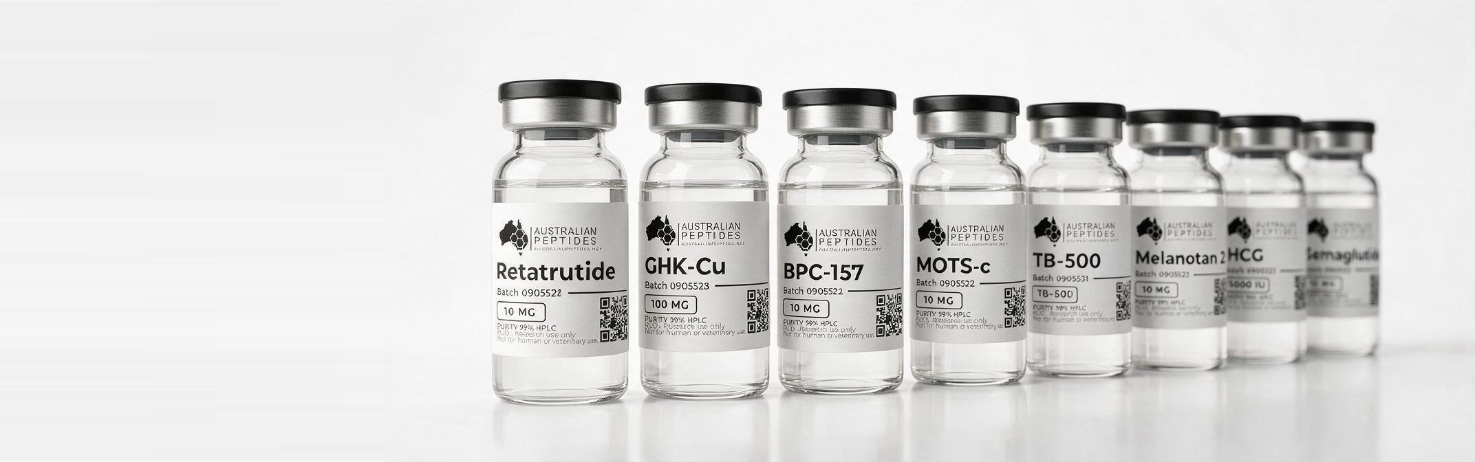 Australian Peptides research vials — Retatrutide, GHK-Cu, BPC-157, MOTS-c, TB-500, Melanotan 2, HCG and Semaglutide, each third-party lab tested